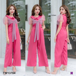 MF13784🍓 Jumpsuit จั๊มสูทขายาว คอปก เนื้อผ้าซาร่า แขนพองแต่งผ้าแก้วซีทรู ตัดต่อผ้าทอลายสก๊อตผูกโบว์ช่วงอก ชุดนี้ใส่อ