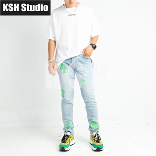 Cross green Crow heart high version trousers washed and faded blue patch casual slim denim trousers