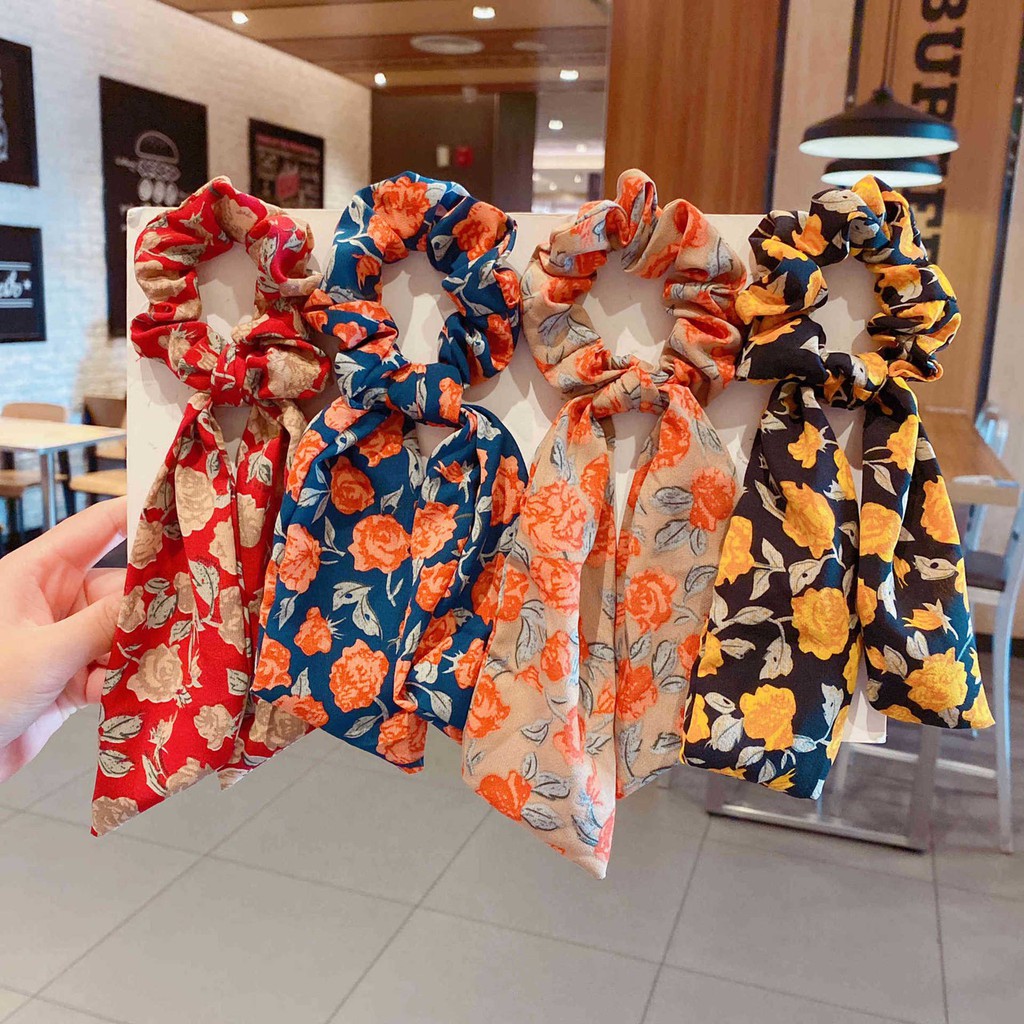 พร้อมส่ง N-02 โดนัทรัดผมหางริ้บบิ้น โดนัทรัดผมลายดอกไม้สีสันสดใส โดนัทรัดผมแฟชั่นสําหรับสตรี