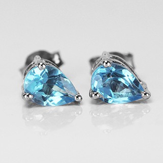 ต่างหูเงินแท้ชุบทองคำขาวแบบแกนประดับพลอยธรรมชาติแท้สวิส บลูโทพาส(Swiss Blue Topaz):มณีธารา MT Jewelry (ge335)