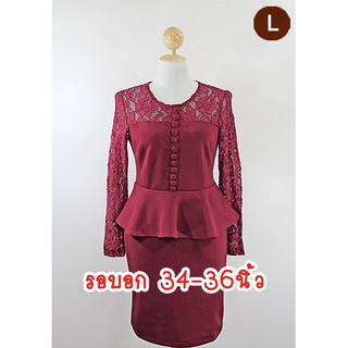 E1732-5-L-ชุดเดรส สีแดง ผ้าลูกไม้หรูและผ้ายืดเนื้อหนานิ่ม(ผ้าสกูบ้า) แขนยาวลูกไม้ซีทรู กระโปรงผ่าหลัง