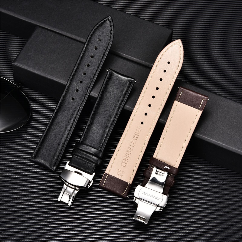 Smooth Genuine Calfskin Leather Watchband 18mm 20mm 22mm Straps with Solid Automatic Butterfly Buckle Business Watch Band