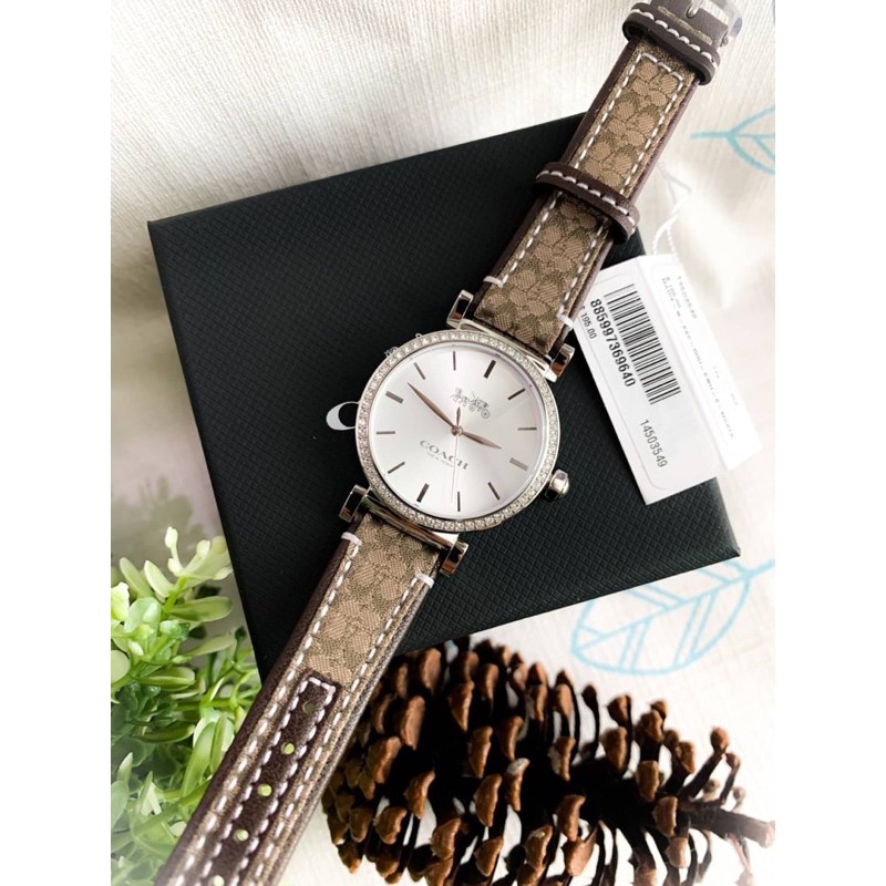 (ผ่อน0%) นาฬิกา COACH MADISON STAINLESS STEEL WITH CRYSTALS สายลาย C หน้าปัดเงิน ล้อมคริสตัล ขนาด 34 mm