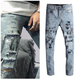 Hi end Amiri New Light Color Splashing Pants Mens Diamond Patch Slim Pants