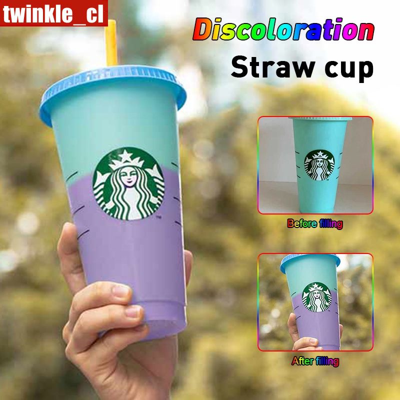Starbucks นำมาใช้ใหม่ Starbucks เปลี่ยนสีเย็นถ้วยแก้วพลาสติกที่มีฝาปิดนำมาใช้ใหม่ถ้วยพลาสติก24ออนซ์ฤดูร้อนคอลเลกชัน twinkl