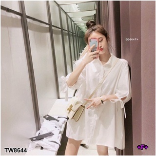 MF8644🍓Dress ชุดเดรสเชิ้ตแขนศอก ผ้าซาร่า ปลายแขนแต่งผูกโบว์ ดีเทลเก๋ด้านหลัง