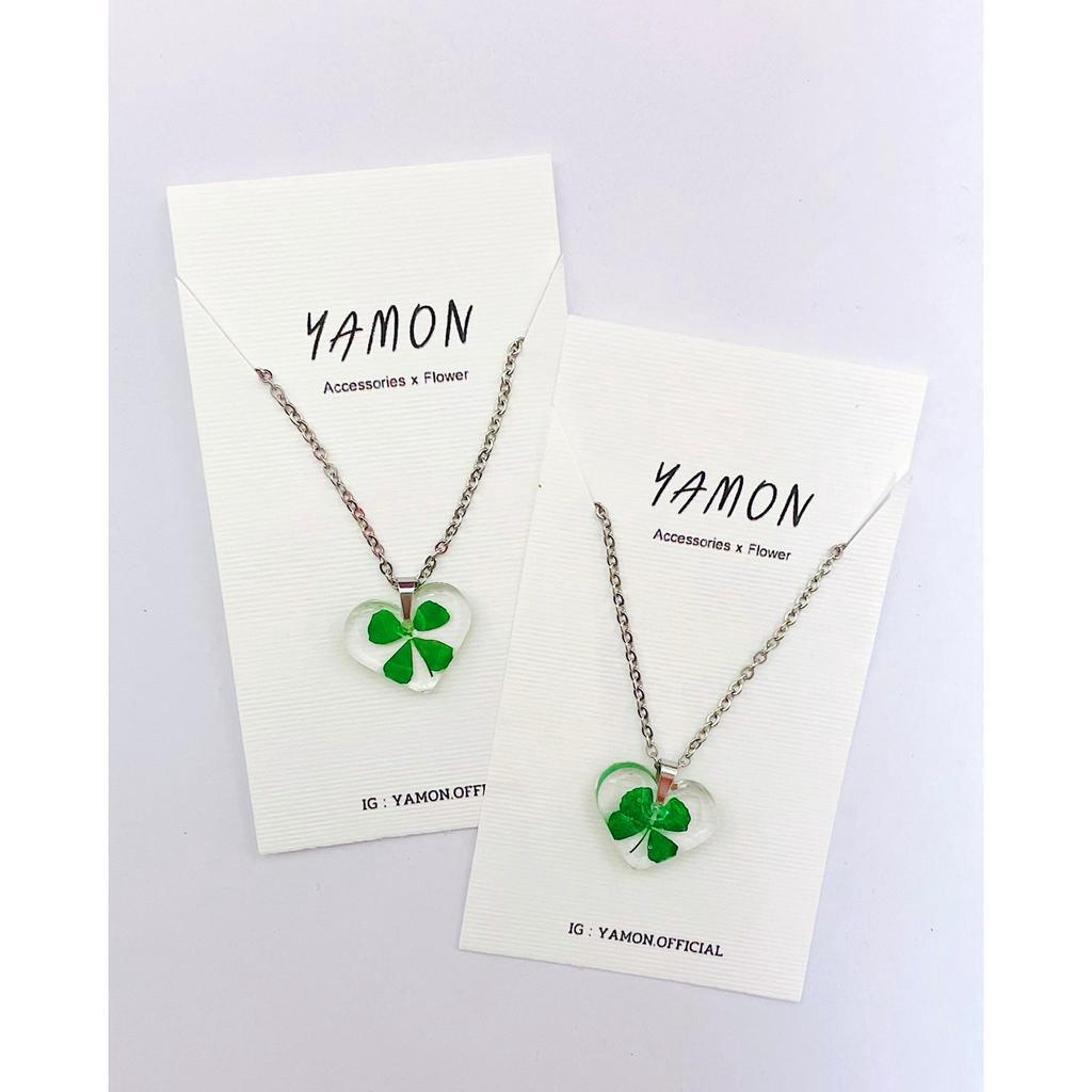 YAMON สร้อยคอใบโคลเวอร์ทรงหัวใจ Clover สร้อยคอสแตนเลส จี้ดอกไม้จริง