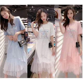 เสื้อผ้าผู้หญิงเดรสยาวแขนสั้น แฟชั่นเกาหลีสำหรับผู้หญิง ผ้าร่องเนื้อดี สีสวย