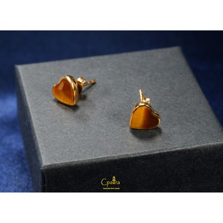 925 Sterling Silver Earring Heart Tiger eye ทรงหัวใจ เคลือบทองโรสโกลด์ 8 mm.