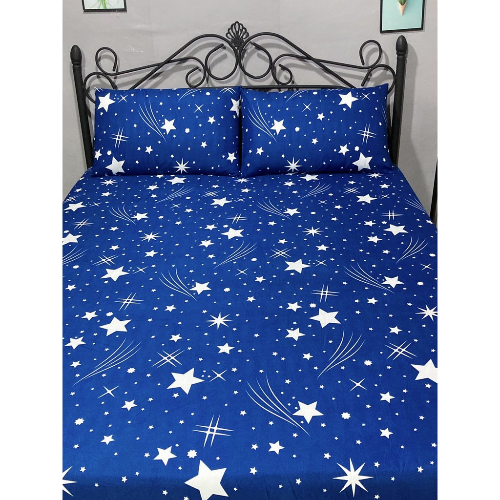 LINPURE StarBlue ผ้าปูที่นอนรัดมุมอย่างดีราคาถูกมีไห้เลือกทั้งแบบ 3.5 ฟุตถึง 6ฟุต (มีปลอกหมอนไห้ 2ใบ ไม่มีหมอนข้าง)