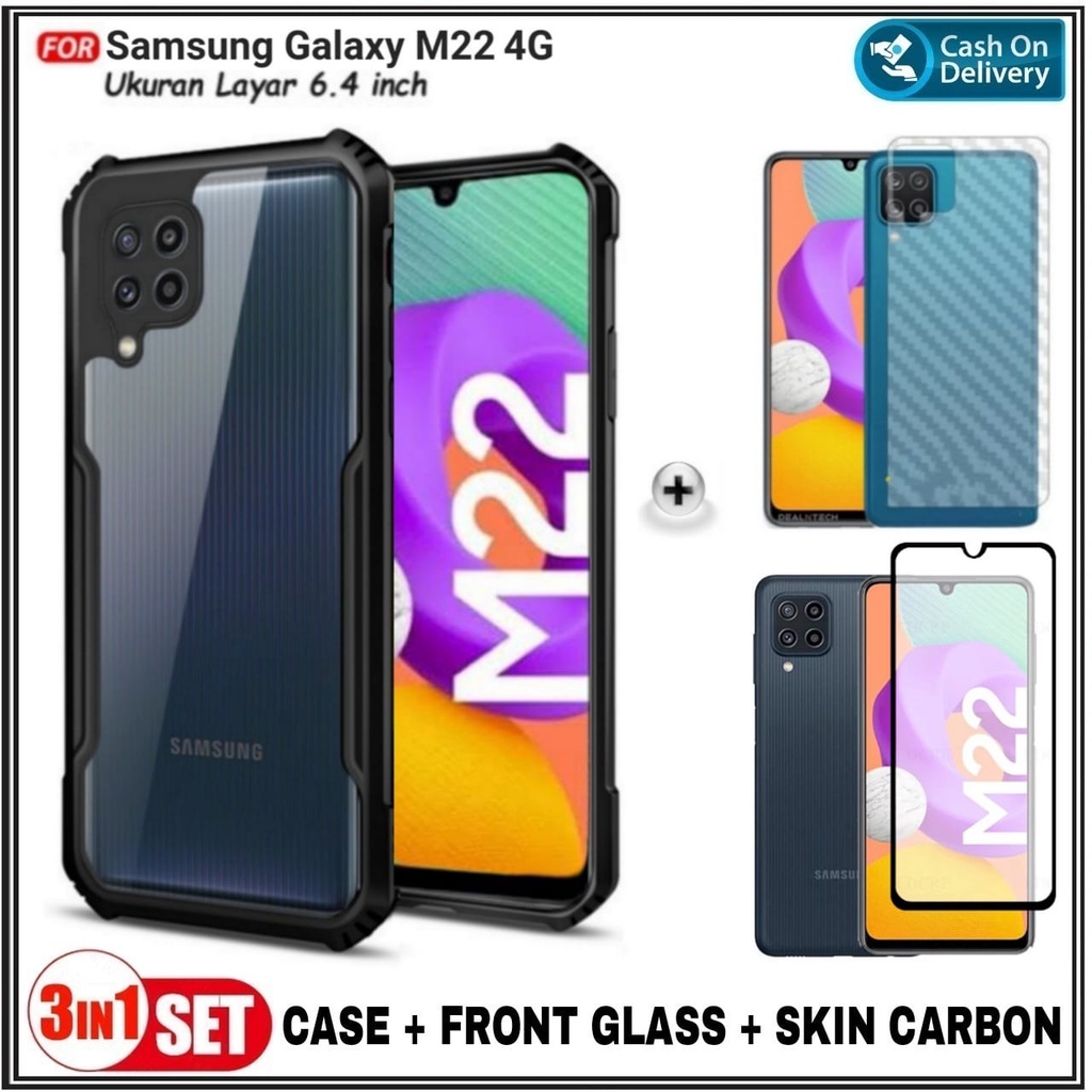 3IN1 กรณี Samsung M22 F22 4G Soft Hard Fusion โปร่งใสฟรีกระจกนิรภัยและ Graskin Galaxy M22 F22 4G