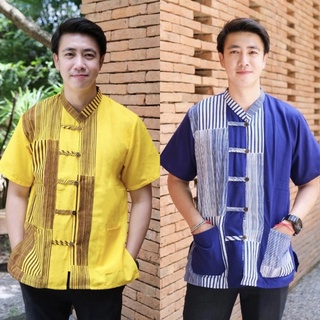 เสื้อคอจีนแขนสั้นผ้าฝ้ายชินมัยลายบาร์โค้ด