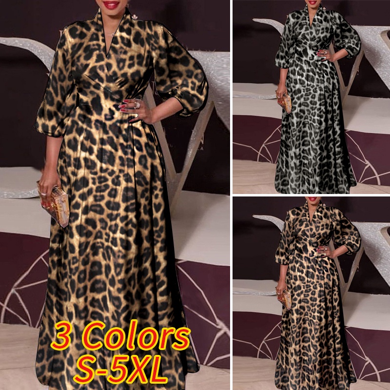 Vonda ผู ้ หญิงหลวมแขนยาวเสือดาวพิมพ ์ จีบชุดยาวเอวรัดรูป