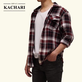 ส่งฟรี🔥 KACHARI เสื้อเชิ้ตลายสก็อต ทรงมาตรฐาน สีแดง