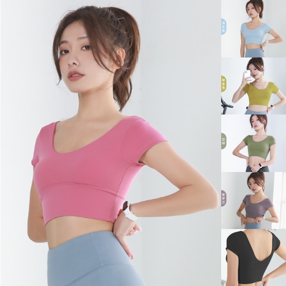 NEW เสื้อครอปโยคะเว้าหลังLULU (YOGA-117) เสื้อฟิตเนสแขนสั้น เสื้อโยคะแขนสั้น แฟชั่นกีฬา สำหรับผู้หญิง