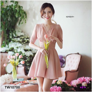 SS10700 Dress เดรส ชีฟอง แขนศอก คอวีไขว้ + สายผูกเอว