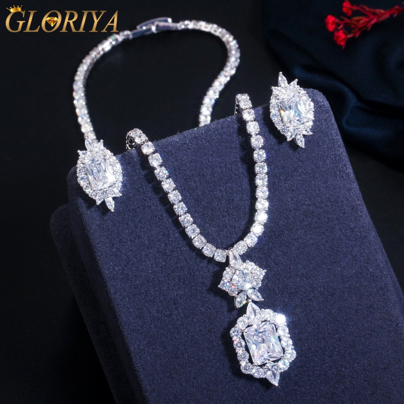 แฟชั่นเงา CZ คริสตัลสร้อยคอเทนนิสชุดต่างหูเจ้าสาวสีขาวชุบทองเครื่องประดับชุด Party GloriyaJS110