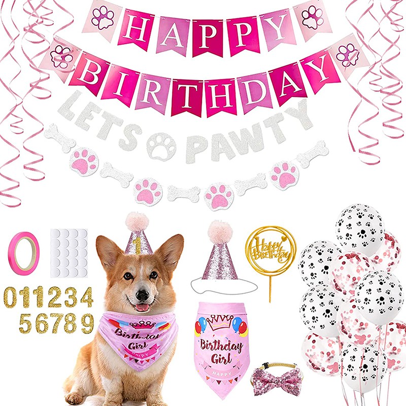 ลูกสุนัขสุนัข Lets pawty แบนเนอร์แบนเนอร์สุขสันต์วันเกิดหมวก bowtie เค้ก topper สุนัข paws พิมพ์บอลลูนสําหรับสัตว์เลี้ยงวันเกิดตกแต่ง