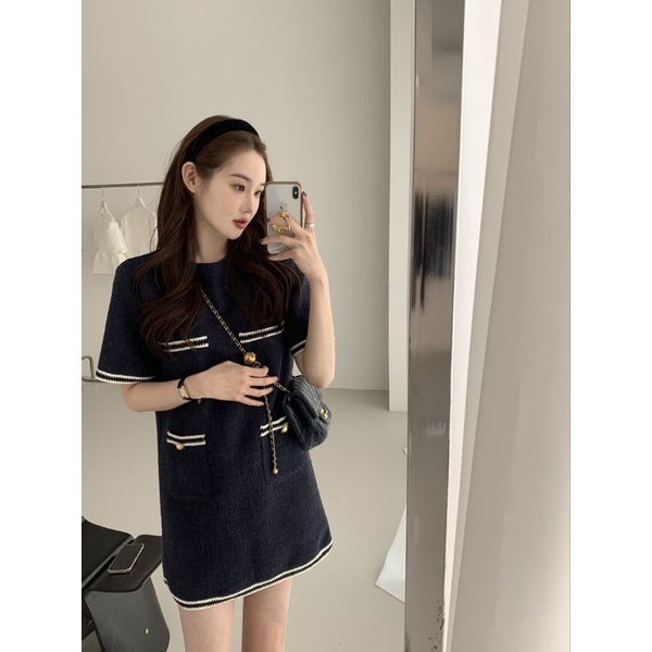 พร้อมส่ง2สี กรมท่าเข้ม ,ฟ้า เดรสสั้นผ้าทอ เดรสทำงาน D056 - รูปที่ 5