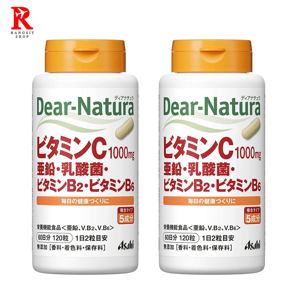 Asahi Dear natura Vitamin C 1000mg สูตรผสม Zinc, Lactic acid bacteria, B2, B6 รักษาสมดุลลำไส้ (120 เม็ด)