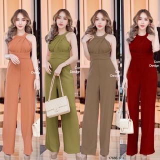 Jumpsuit จั้มสูทขายาวแขนกุดอกจีบ . TT17686