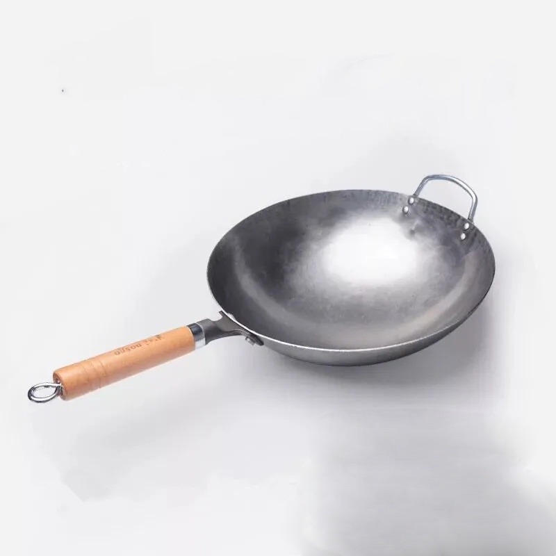 ﹉❁✺Traditional Hand Hammered Carbon Steel Pow Wok with Wooden and Steel Helper Handle, Round Bottom Iron Wok  Cast Iron