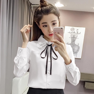 เสื้อเชิ้ตสีขาว เกาหลี ผูกเชือก เสื้อเชิ้ตแขนยาว ขนาดใหญ่ S-4XL หลวม เสื้อทำงานผู้หญิง Shirt