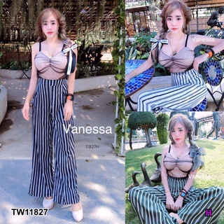 TW11827 Set 2 ชิ้น เสื้อบอดี้สูทสายเดี่ยว + กางเกงริ้วขายาว