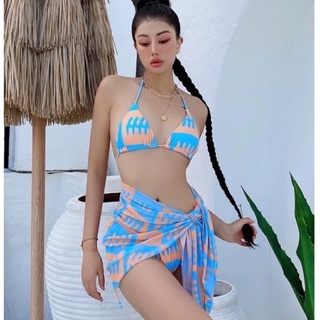 (พร้อมส่ง) Set  Bikini 3ชิ้น เซ็ตบิกินี่เซ็กซี่ ชุดว่ายน้ำสายฝอ พิมพ์ลายกราฟฟิก แถมผ้าคลุมบิกินี่