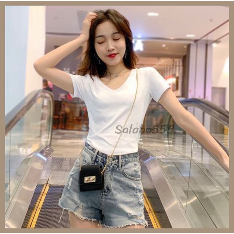 SALABO เสื้อยืดคอวี⛳️ผ้าสแปนเด็กซ์ สีพื้นสไตล์เกาหลีใส่สบายผ้านิ่ม #635