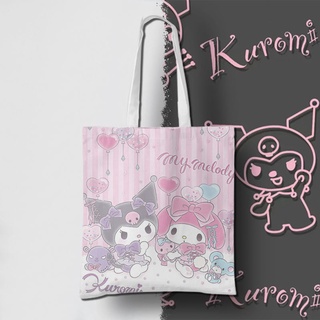 กระเป๋าสะพายไหล่ กระเป๋าช้อปปิ้ง ผ้าแคนวาส ลายการ์ตูนอนิเมะ Sanrio Kuromi น่ารัก เป็นมิตรกับสิ่งแวดล้อม เรียบง่าย สําหรับผู้หญิง นักเรียน