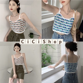 Cicishop(A566)CropTop เสื้อสายเดี่ยวครอปไหมพรมถัก ทอสีทูโทนสไตล์โคเรีย