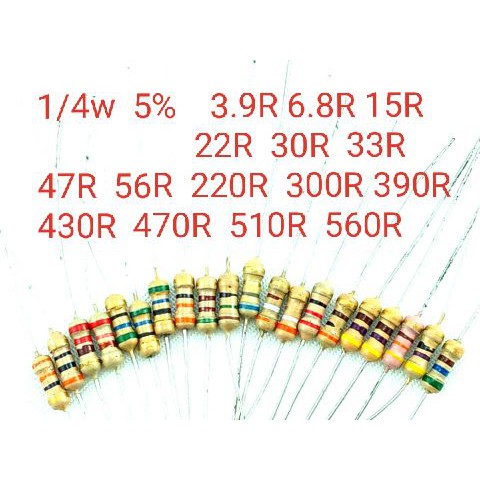 15PCS 5% 1/4W คาร์บอนฟิล์มตัวต้านทาน 1R 2.2R 2.4R 3.9R 6.2R 6.8R 10R 15R 22R 30R 33R 47R 51R 56R 75R