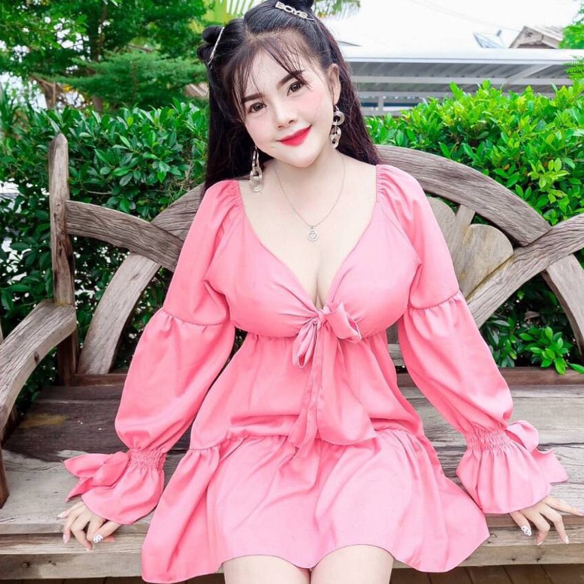 PE054 TARA Dress เดรสคอวี แขนยาว แต่งโบว์ที่หน้าอก มีโบว์ปลายแขน ระบายชาย เนื้อผ้าไหมอิตาลี ผ้าพริ้ว เบา ใส่สบาย