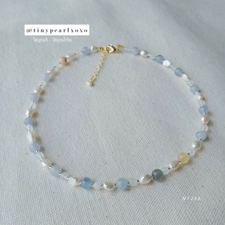 สร้อยหิน หินสีหวาน Pastel Style ไข่มุกแท้ หินสีชมพู หินสีฟ้า ไข่มุกน้ำจืด lili Soft Blue Necklace Tinypearlxoxo N1256