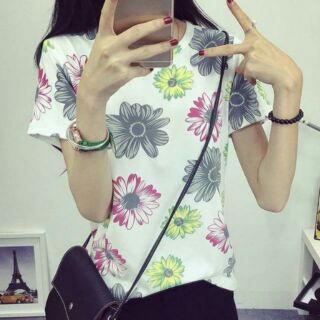 เสื้อยืด แขนสั้น ตัวปล่อย ลายดอกไม้