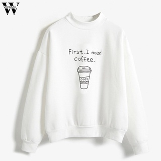 Womail เสื้อกันหนาว คอกลม ไม่มีหมวก สีพื้น พิมพ์ลายถ้วยกาแฟ ตัวอักษร แฟชั่นฤดูใบไม้ผลิ ฤดูใบไม้ร่วง สำหรับผู้หญิง S-XXL