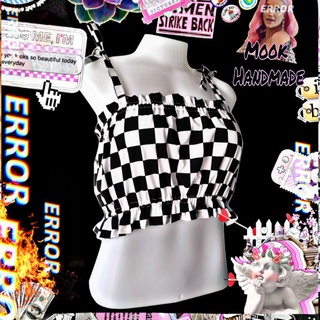 เสื้อครอปสายเดี่ยว ผูกไหล่ ยางยืด ลายตารางหมากรุก Checkered