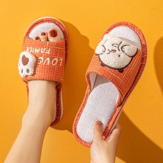 Home slippers รองเท้าแตะผ้าลินินผ้าฝ้ายสุภาพสตรีบ้านคู่รักผ้าลินินในร่มรองเท้าแตะกันลื่นด้านล่างหนาและรองเท้าแตะ