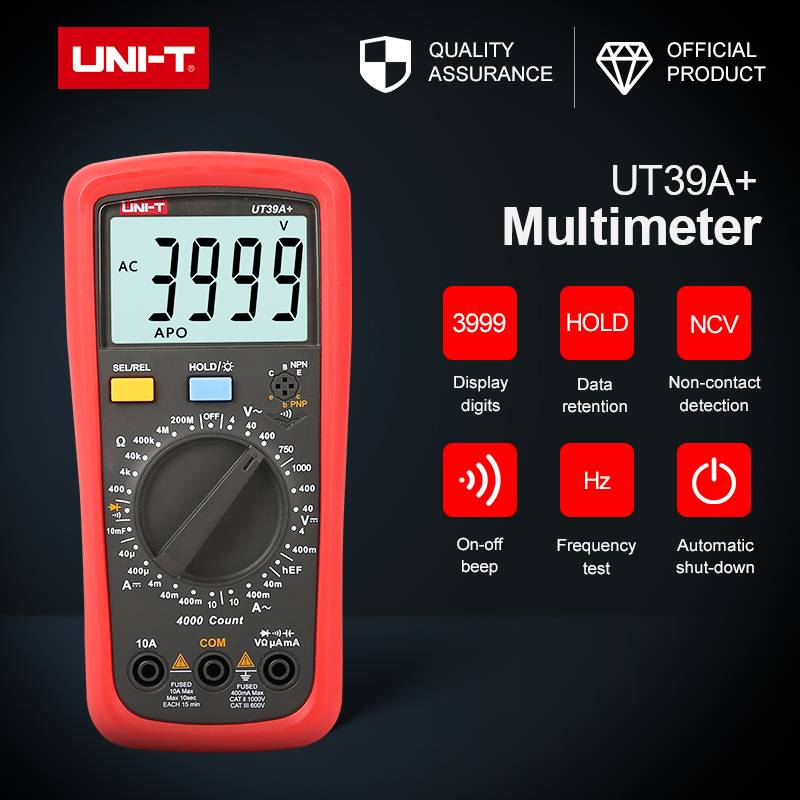 มัลติมิเตอร์แบบดิจิตอล DC แรงดันไฟฟ้า UT39A+ 750V แรงดันไฟฟ้า AC 10A DC/AC Current CAT II 1000V/CAT 