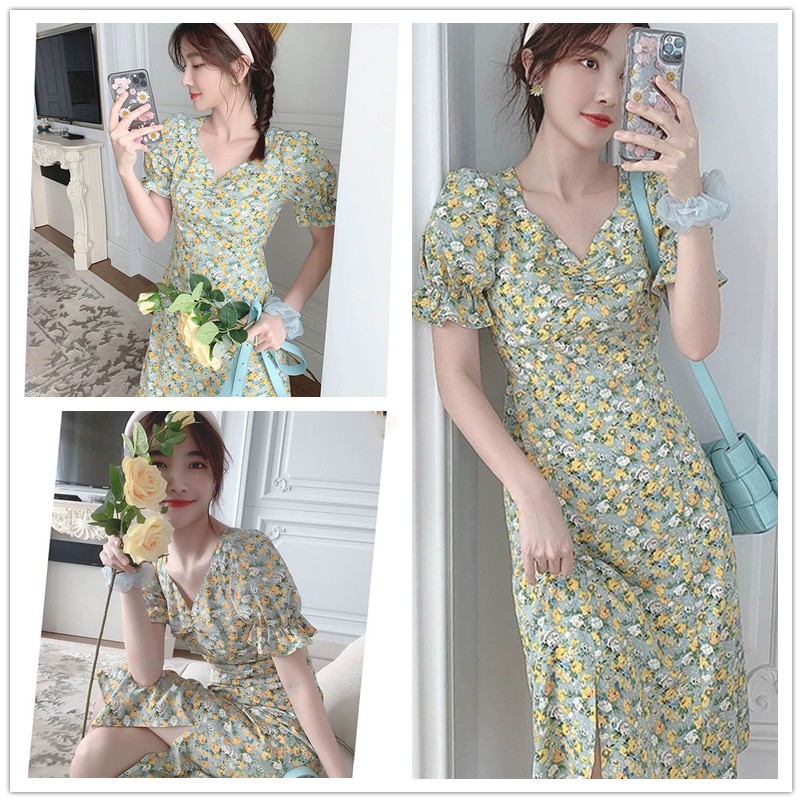 พร้อมส่ง ชุดเดรสลายดอก แนวสาวเกาหลี เดรสกระโปรงทรงยาวเลยหัวเข่า ผ้านิ่ม ชุดเดรสเอวสูงวินเทจลายดอกมินิ ชุดเดรสสั้น คอวี