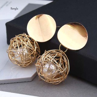 SK☀Women Fashion Geometric Woven Hollow Ball Faux Pearl Drop Earrings Jewelry Gifts