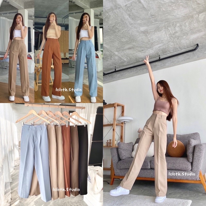✨Marina pants💕กางเกงผ้าเอวสูง ขากระบอกใหญ่ ซิปหน้า ทรงสวย ใส่ทำงาน ใส่เที่ยวคาเฟ่ได้หมด