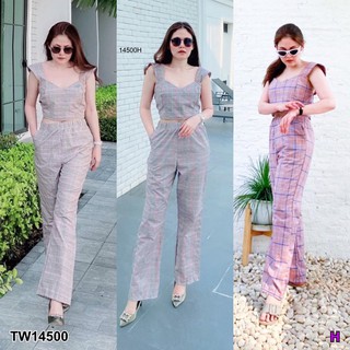 TwinsShopVip💗พร้อมส่ง TW14500 Set #สาวอวบ เสื้อครอป+กางเกงขายาว ลายสก็อต