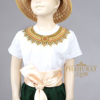 Phahuratdotcom_เสื้อยืดลายกรองคอสีขาว เด็กหญิงเด็กชาย ลายไทยสีขาว ชุดไทยไปโรงเรียน