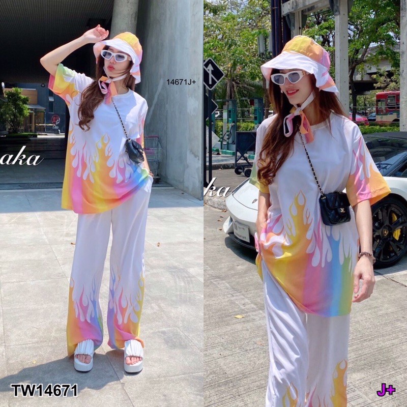 TW14671   Set 3 ชิ้น  เสื้อคอกลมกุ้นคอ แขนสั้น มากับกางเกงขายาว เอวยางยืดเส้นใหญ่