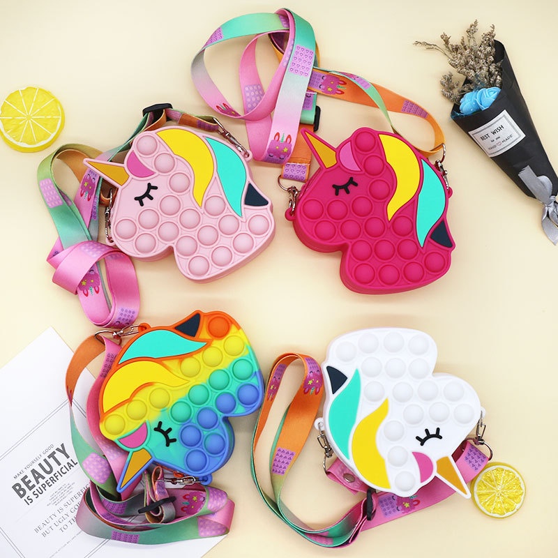Pop It Fidget Toys Push Bubbles Toy Rainbow Unicorn Coin Purse Wallet Silica Simple Dimple Crossbody Bag for Girls