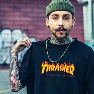 เสื้อยืดสีขาว - แฟชั่น Unisex เสื้อยืดแขนสั้น THRASHER เสื้อสเก็ตบอร์ดเปลวไฟพิมพ์ผ้าฝ้ายเสื้อผ้าเสื