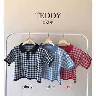 เสื้อคอปก ลายตาราง เสื้อไหมพรมโปโล เสื้อคอปกแขนสั้น 🪐✨🧸 พร้อมส่ง Teddy Crop Top งานน่ารักมาก