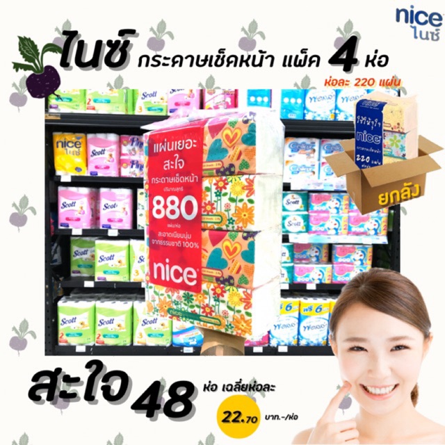 ยกลัง Nice ไนซ์ กระดาษเช็ดหน้า 220 แผ่น (4184) จำนวน 48 ห่อ Tissue Soft Pack ทิชชู่